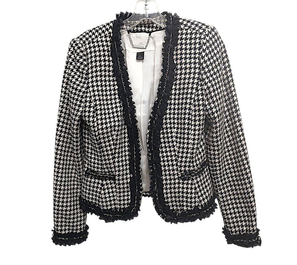 White Black Market Y2K Blazer Jacket Sz 4 Fancy‎ French Style Houndstooth Tweed